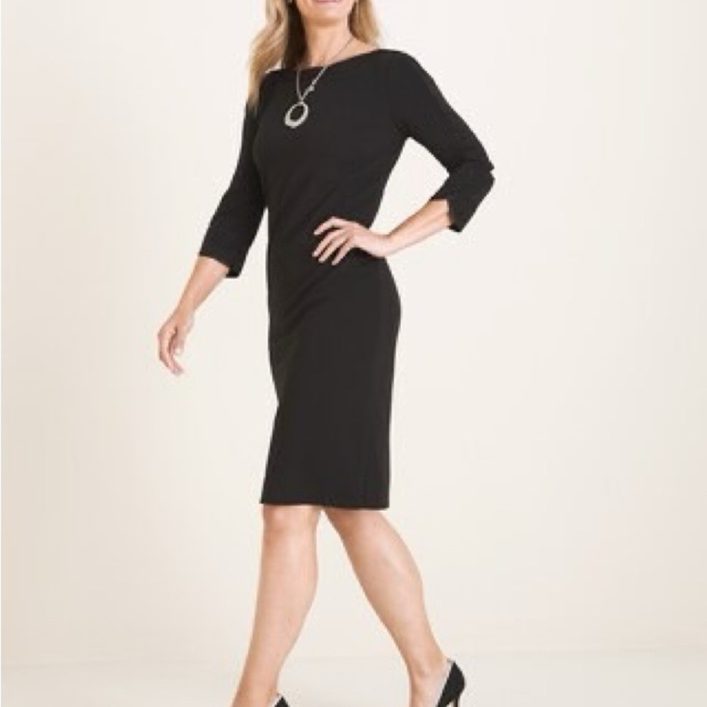 Chico's Black Dress Sheath 3/4 Sleeve Scoop Neck Back Zip Size 1.5